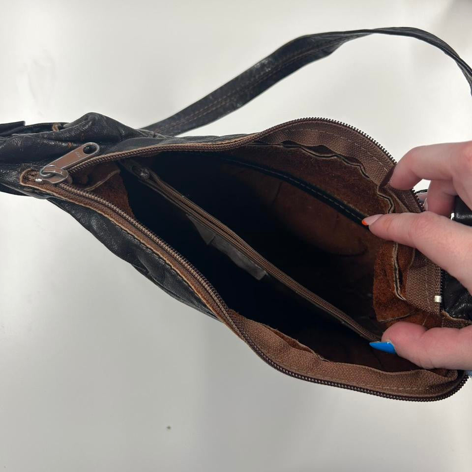 brown leather one strap shoulder bag