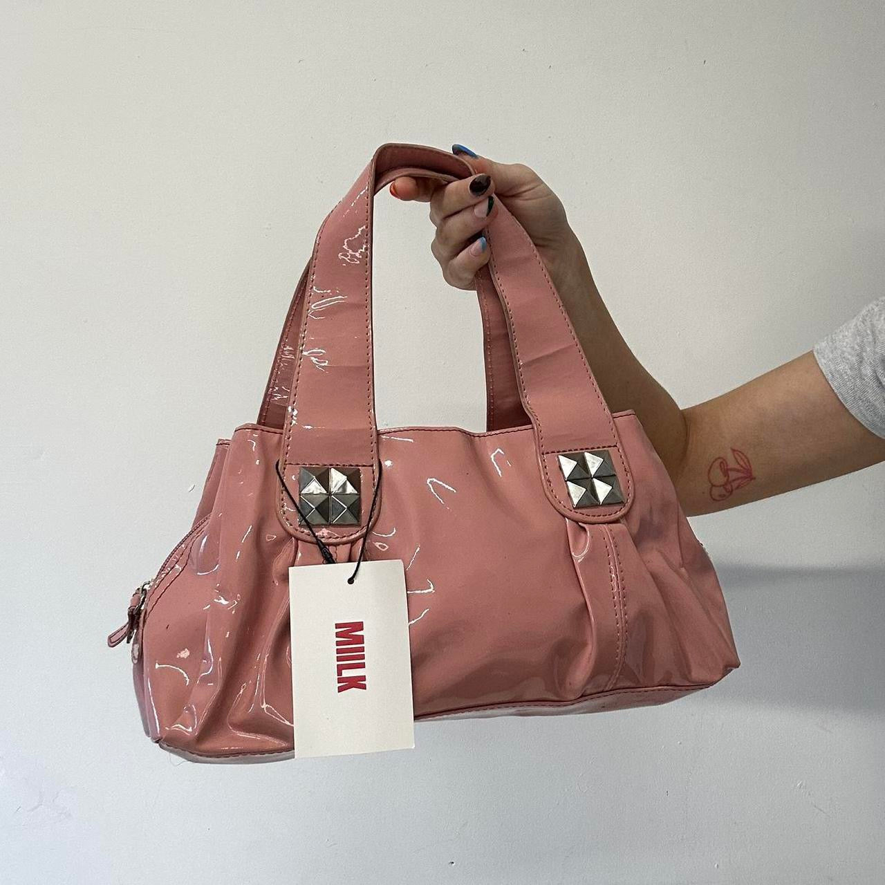 dusty pink patent faux leather mini shoulder bag