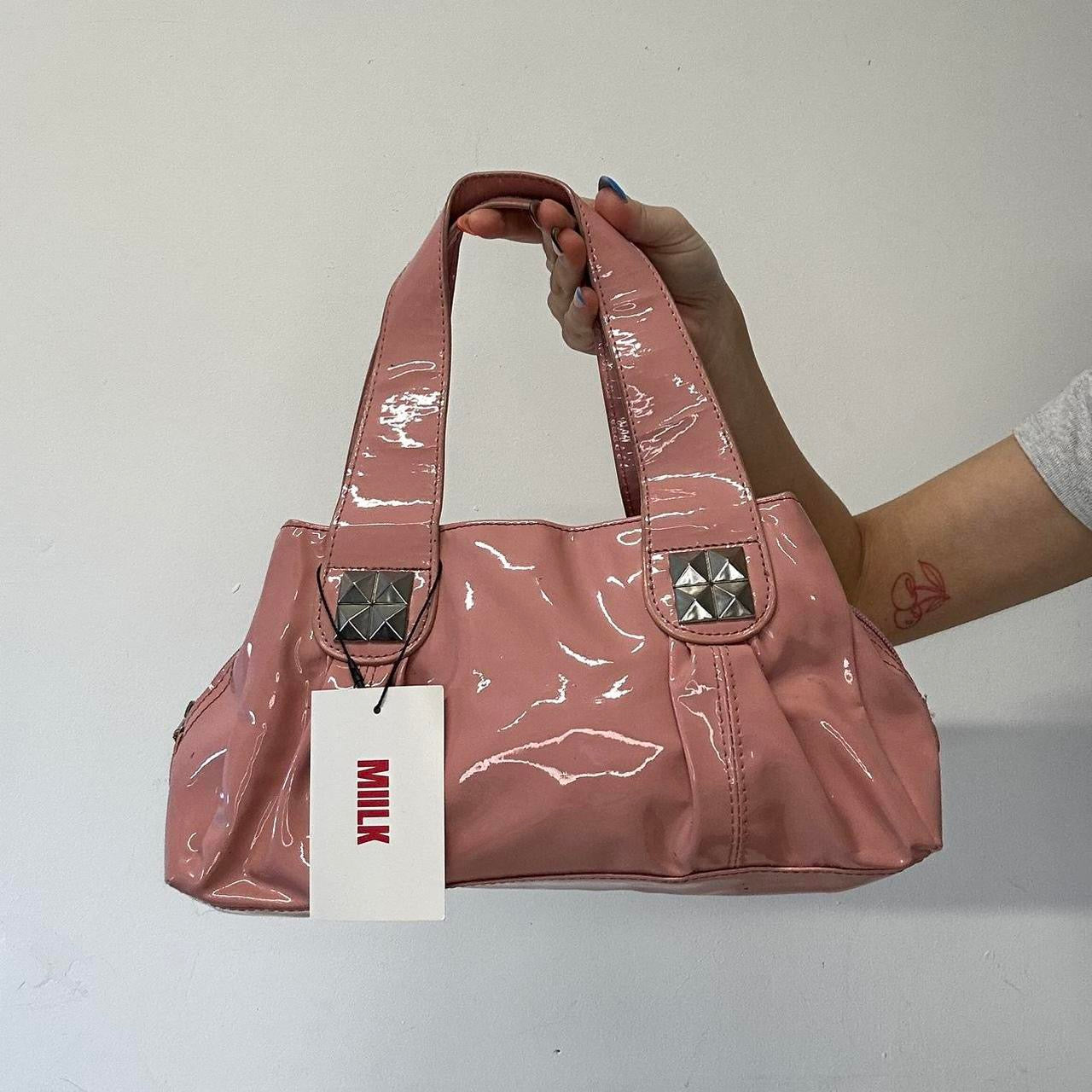 dusty pink patent faux leather mini shoulder bag