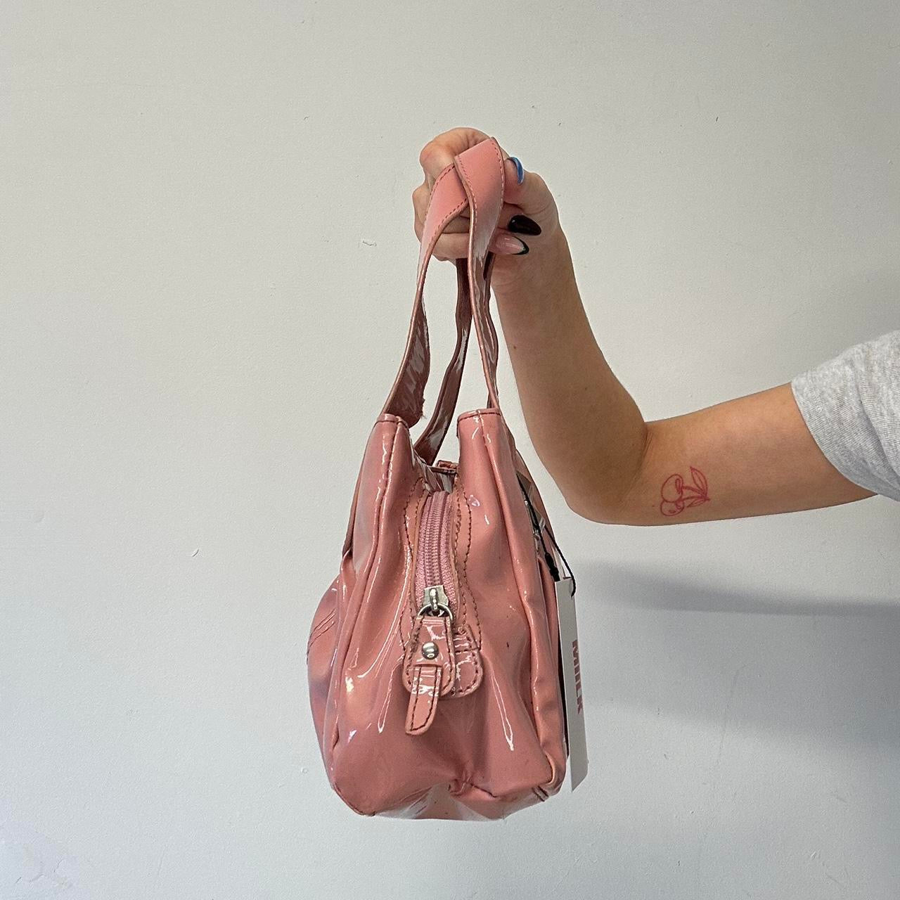 dusty pink patent faux leather mini shoulder bag