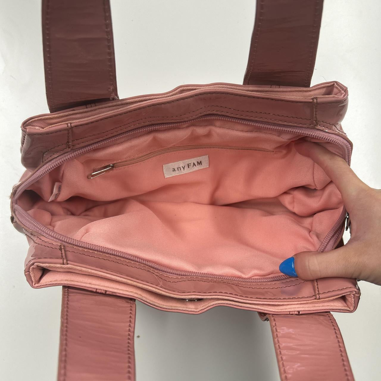 dusty pink patent faux leather mini shoulder bag